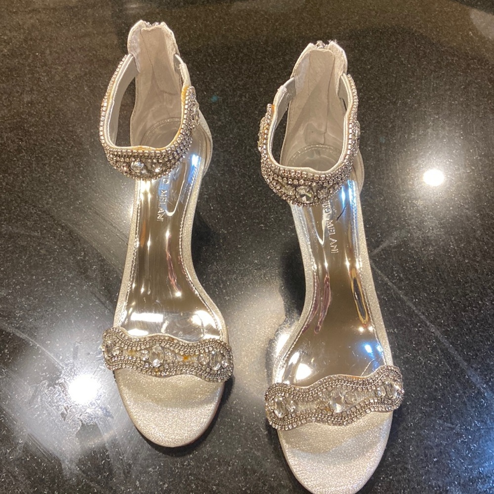 Silver with rhinestones, Antonio Melani, low heel, rhinestone ankle collar.